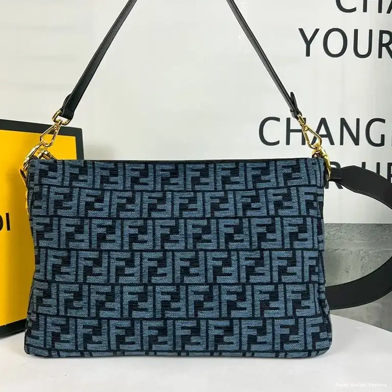 Vintage HOT Tapestry In Zip Fabric Fendi FF Bag Shoulder O'Lock Blue 0618